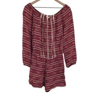 Tularosa Romper Womens Small Red Cream Floral Striped Ruched‎ Boho Long Sleeve